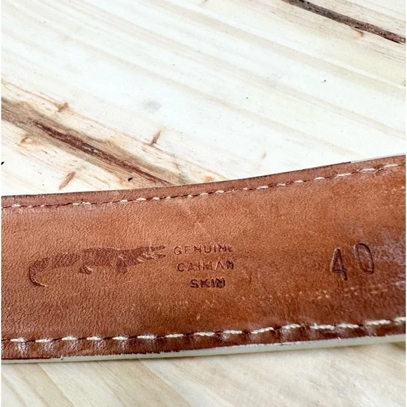 Vintage El General Genuine Caiman Skin Belt Cream Gold Metal Lion Western 40